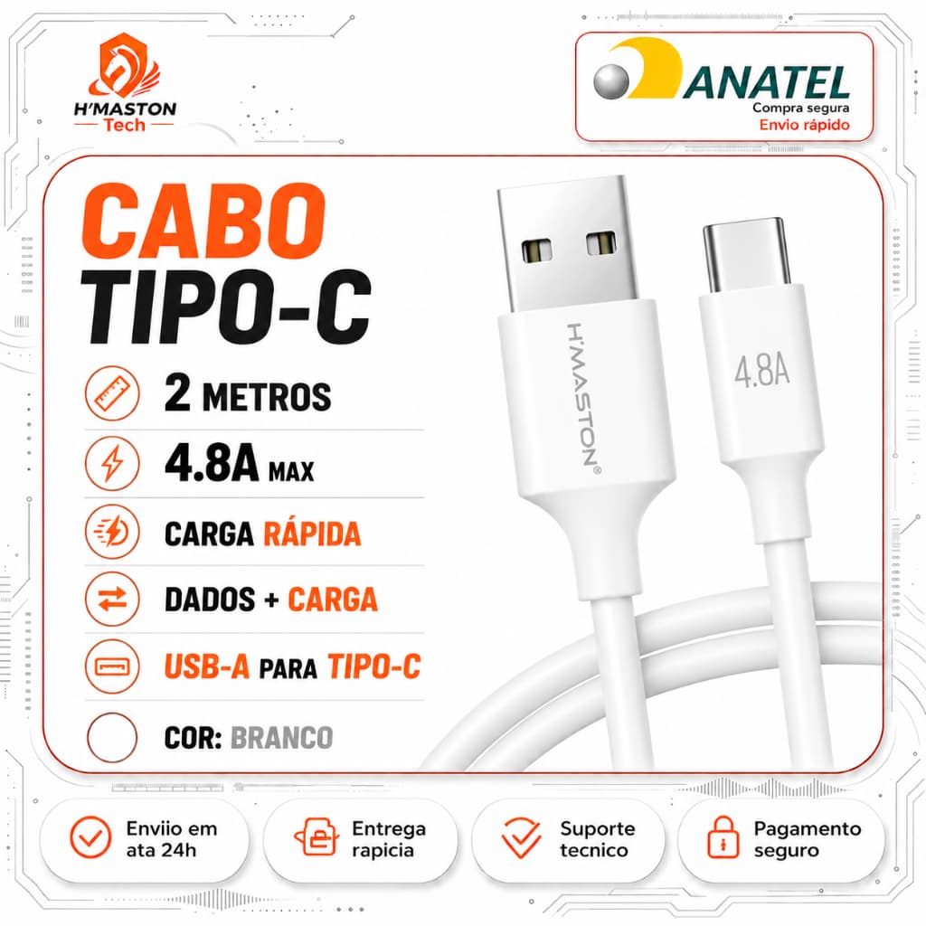 H'MASTON H109-3 Cabo Usb Tipo c Turbo Cabo Carregador Tipo c Cabo Tipo c Turbo Cabo Tipo c 2 Metros