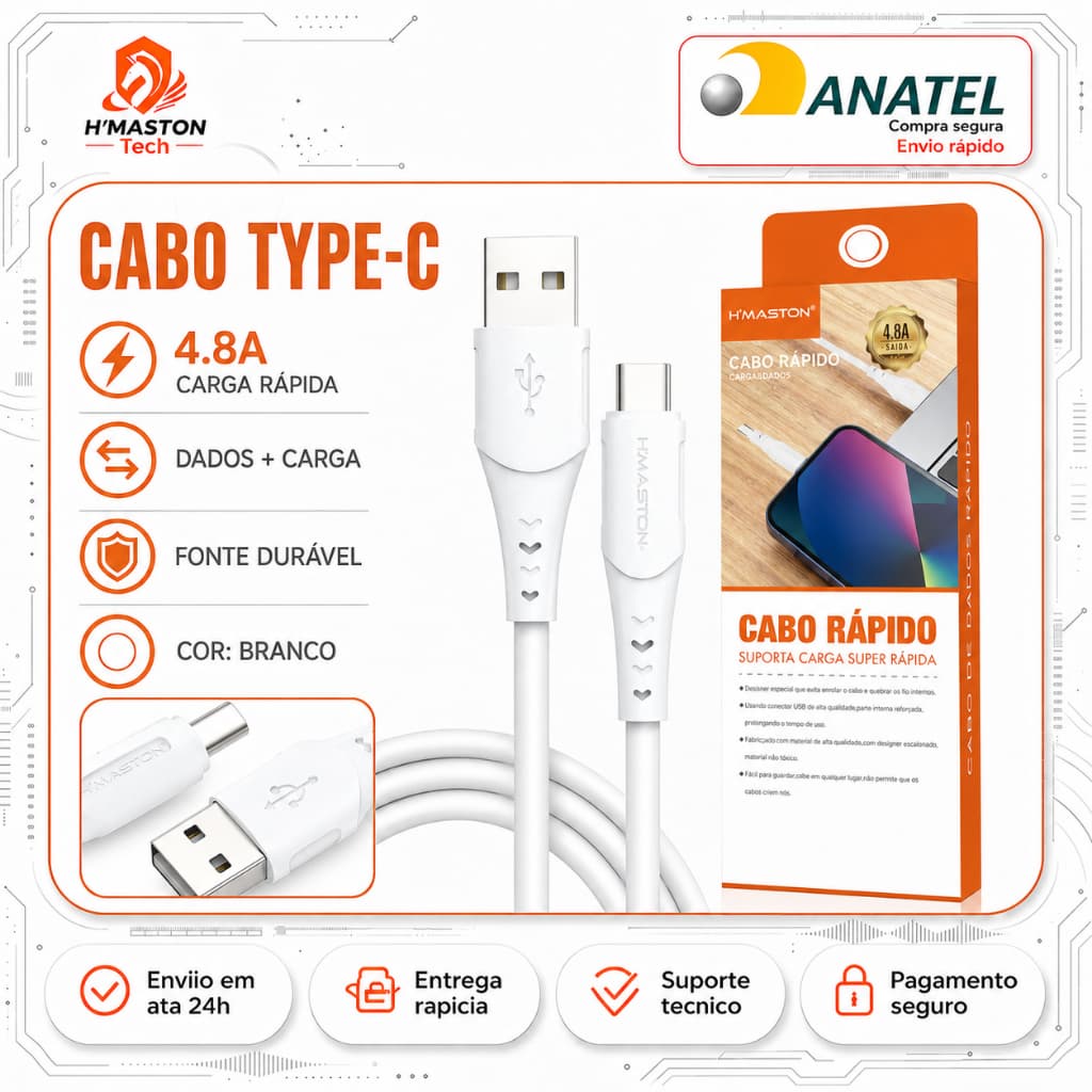 H'MASTON SJX15-3 Cabo Usb Tipo c Cabo Tipo c Cabo Carregador Tipo c Cabo Usb Tipo c Turbo Cabo Carregador Iphone