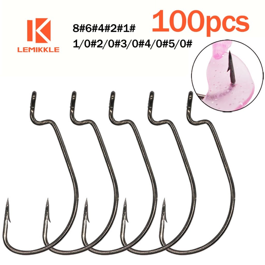 LEMIKKLE - 100 Anzóis Offset Crank Hook, 10 Tamanhos Sortidos (8#‑5/0#), Anzol Para Isca Soft, Pesca Spinning