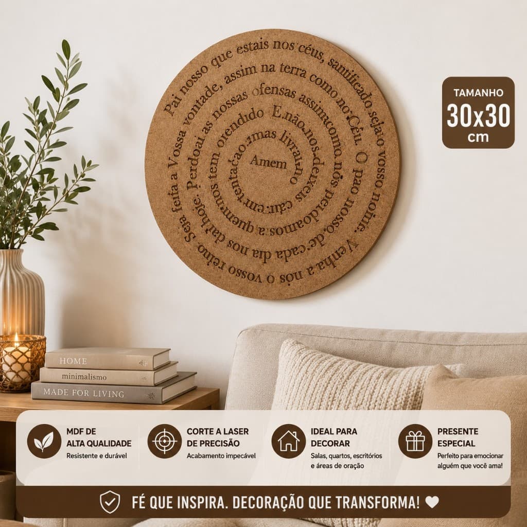 Quadro Pai Nosso Redondo MDF Cru 30x30 cm Decorativo