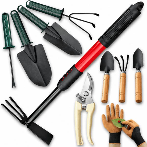 Conjunto Para Jardinagem Com Enxada Com Garfo Grande, Pás, Ancinho, Rastelo, Par de Luva, Alicate de Poda Sacho
