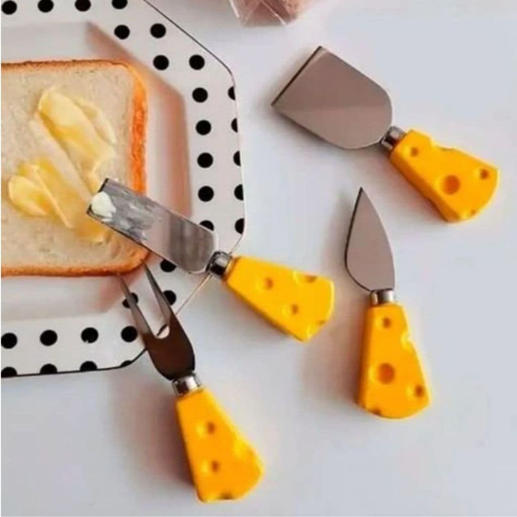 Kit 4 Peças Facas para Queijo Inox Garfo Espátula Utensílio Cozinha Presente