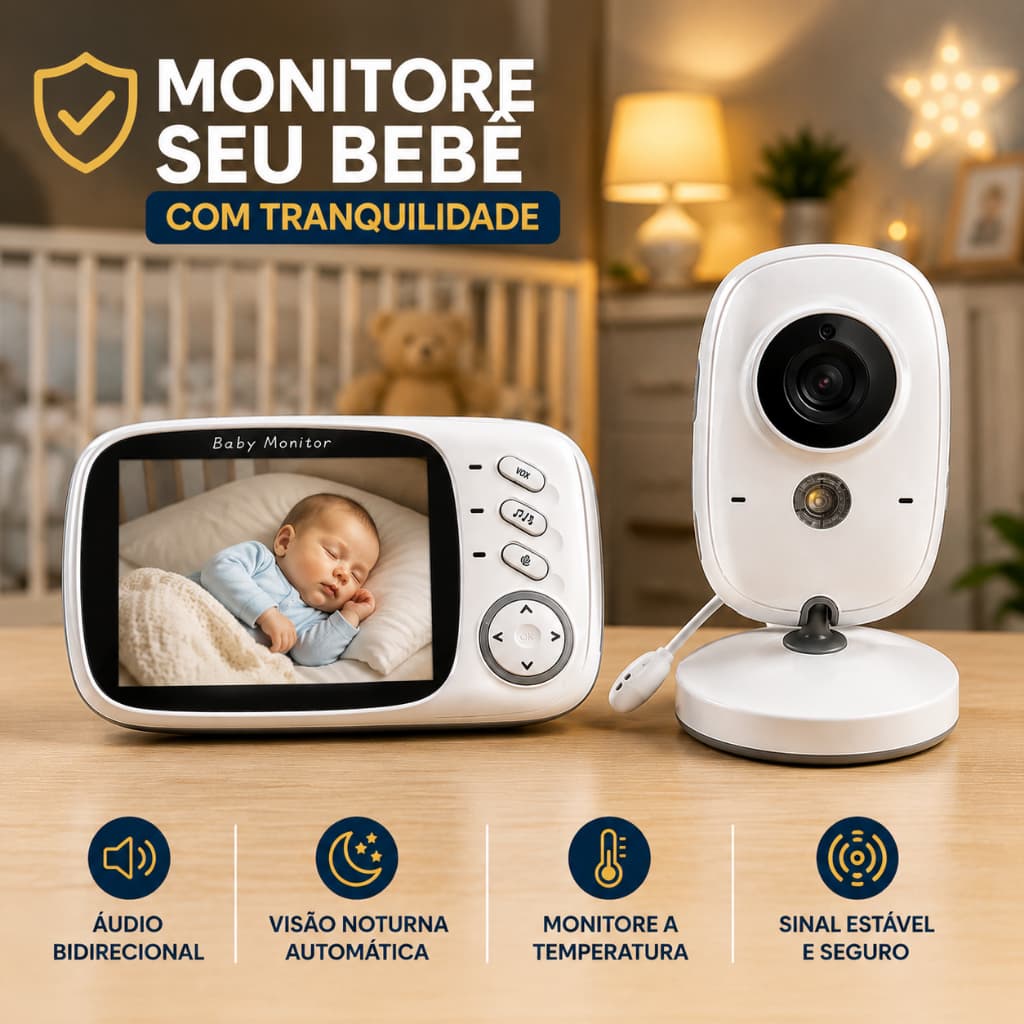 Baba Eletrônica Com Monitor Visão Noturna, Câmera c/ Audio Sensor de Temperatura