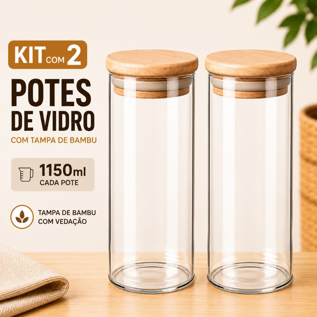 Kit 2 Pote de Vidro Herméticos 1150ml Tampa de Bambu Porta Mantimentos Organizador Cozinha Alimentos