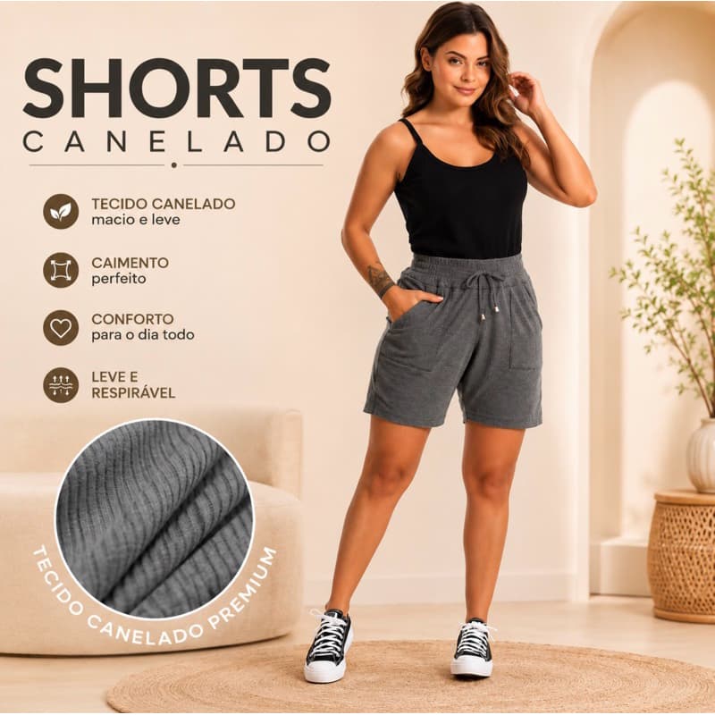 Shorts Feminino Casual com Cós Elástico e Bolsos – Confortável e Versátil