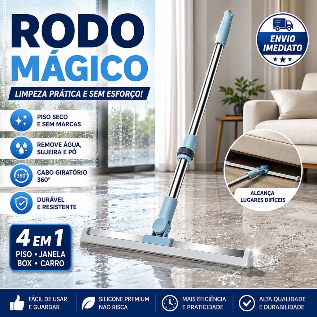 Rodo de Silicone 50cm com Cabo Telescópico Giratório 180° para Piso Vidro Box Carro
