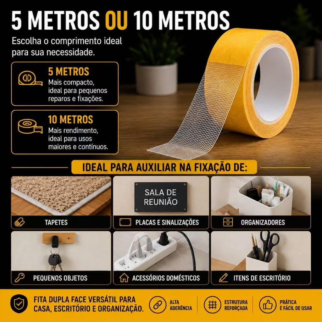 Fita Dupla Face Super Forte 3cm x 5m ou 10 m para Fixação Segura