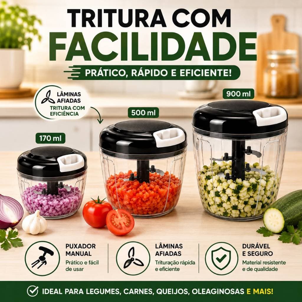 Processador Manual de Alimentos Original Line Triturador Cortador Alho Cebola 170ml 500ml 900ml
