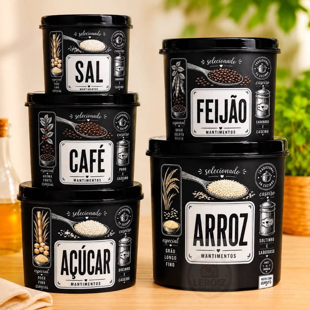 Kit jogo de potes mantimento 05 peças decorado organizador de cozinha PREMIUM