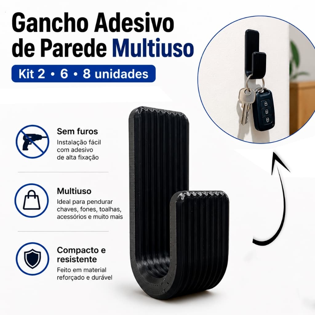 Kit Ganchos Adesivos Multiuso de Parede 2 6 8 Peças Organizador para Quarto Cozinha Banheiro