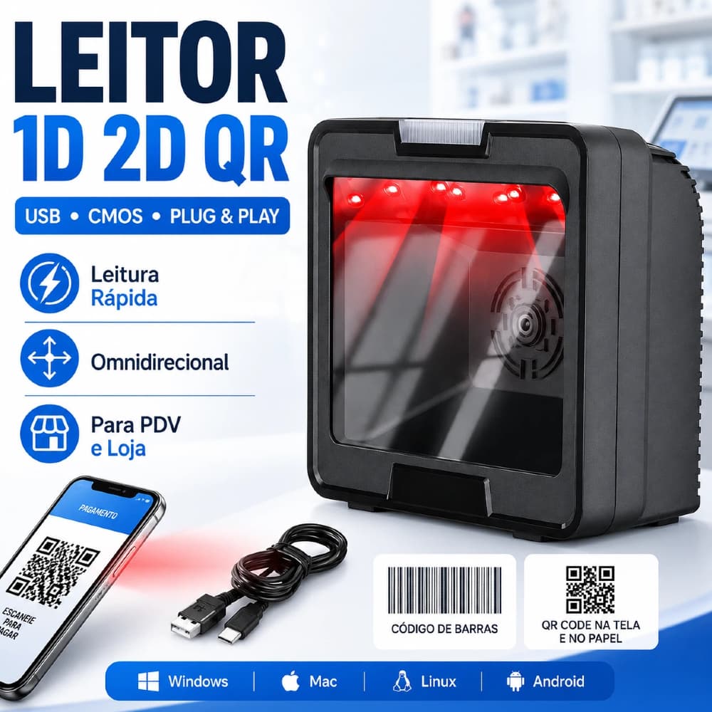 Leitor Código de Barras USB 1D 2D QR Code Fixo Omnidirecional CMOS Plug and Play para PDV Loja Mercado