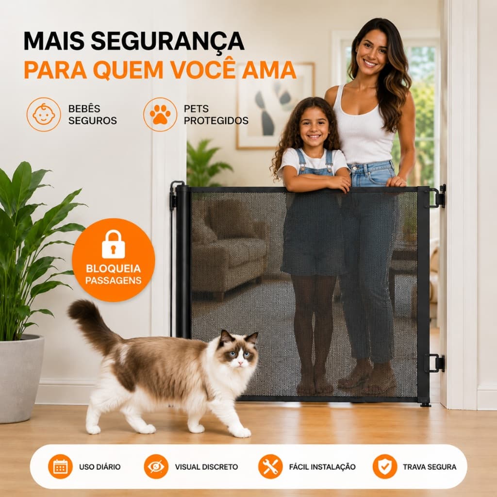 Portão Tela Segurança Automático Pets Bebês Retrátil Cercadinho Porta Grade Escada