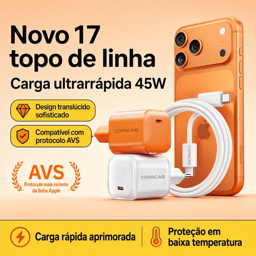 Carregador 45W Turbo + Cabo Trançado Tipo‑C Compatível iPhone 17 16 15 Pro Max Alta Proteção
