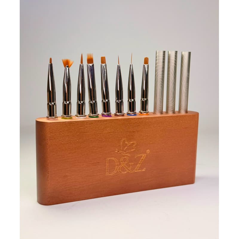 Kit 8 Pincéis Profissionais Nail Art D&Z Elite para Unhas Gel Fibra Alongamento Decoração Detalhes + Suporte Madeira