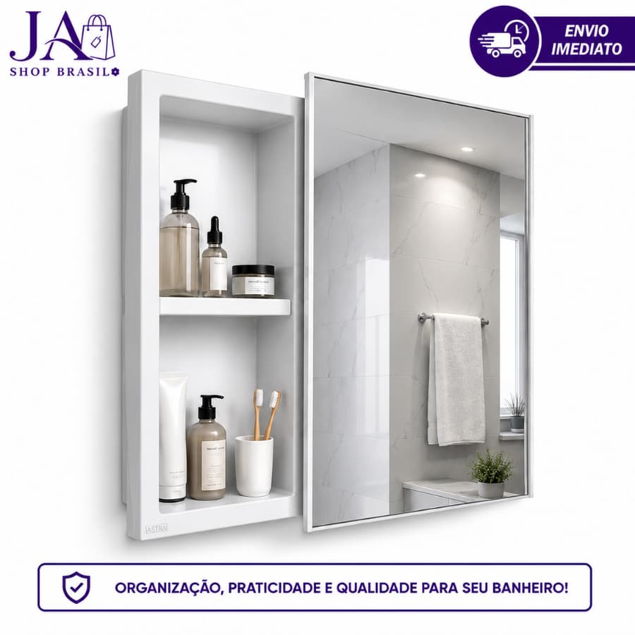 Armário Plástico Astra Para Banheiros Branco Com Nichos e Espelho