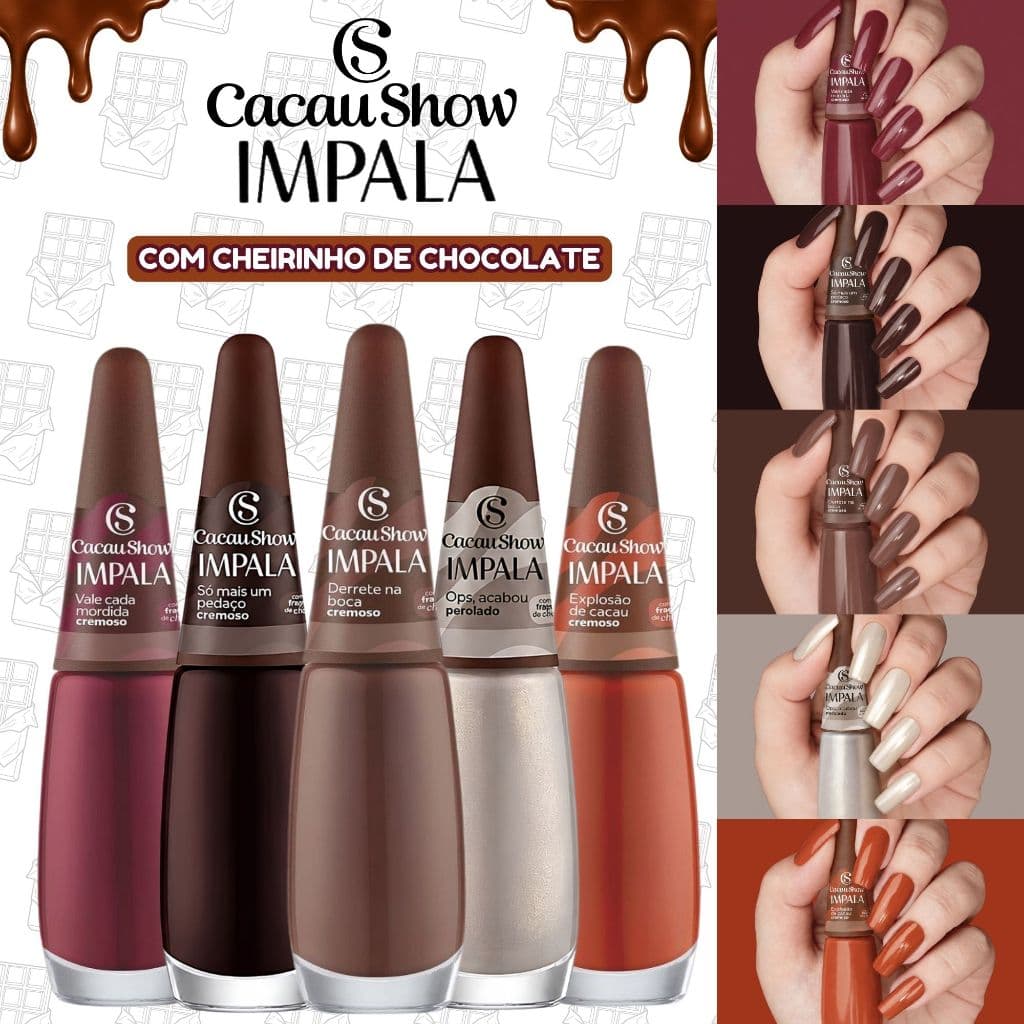 Kit Esmalte Impala Cacau Show Novas Cores Cherinho de Chocolate Esmaltes Atacado Marrom Terrosos