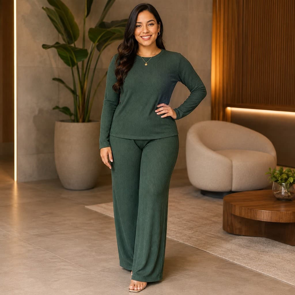 Conjunto Feminino Canelado Manga Longa com Calça Pantalona e Bolsos Laterais P ao G1