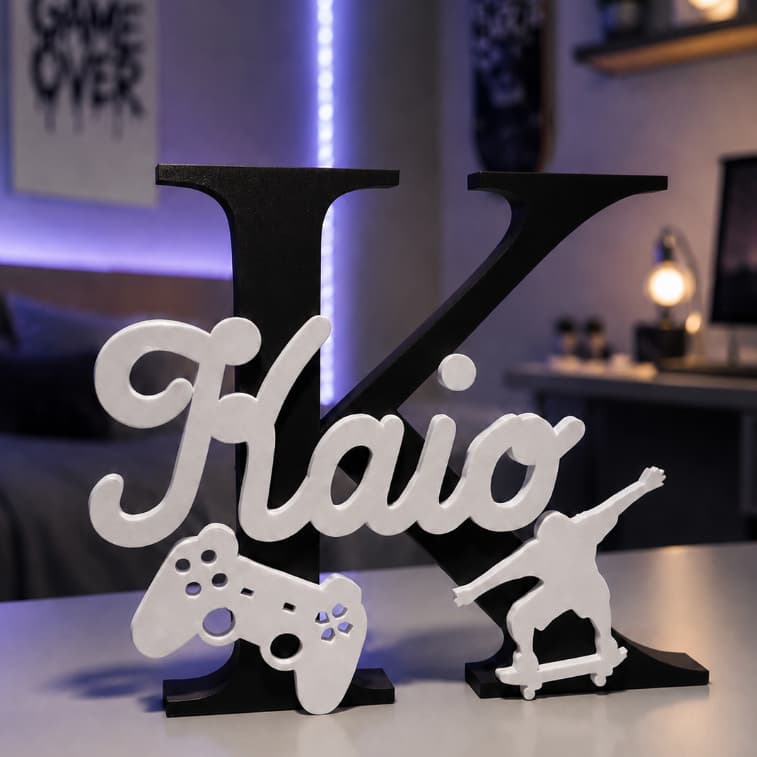 Nome Personalizado 3D Gamer com Controle e Skate | Letra Inicial + Nome | Decoração Quarto Infantil