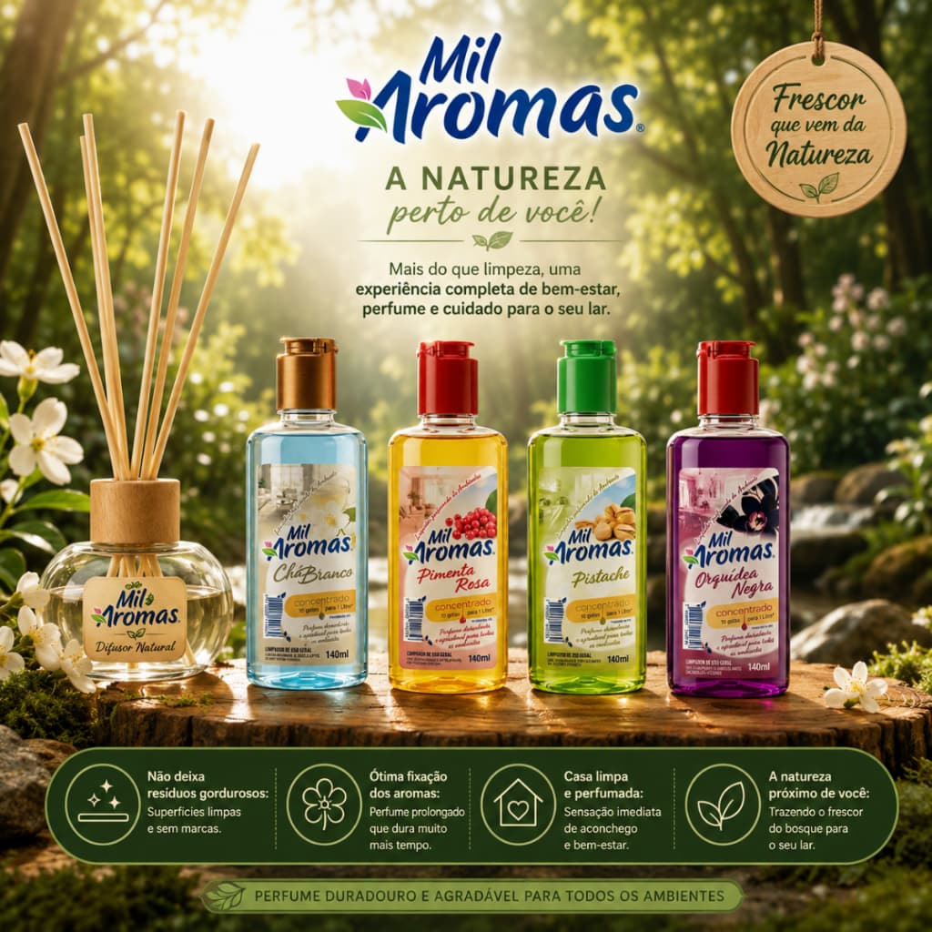 KIT 4 LIMPADOR ESSÊNCIA MIL AROMAS CONCENTRADO 140ml CASA E DIFUSOR CARRO PERFUMADO AROMATIZANTE PERFUMADO ODORIZANTE