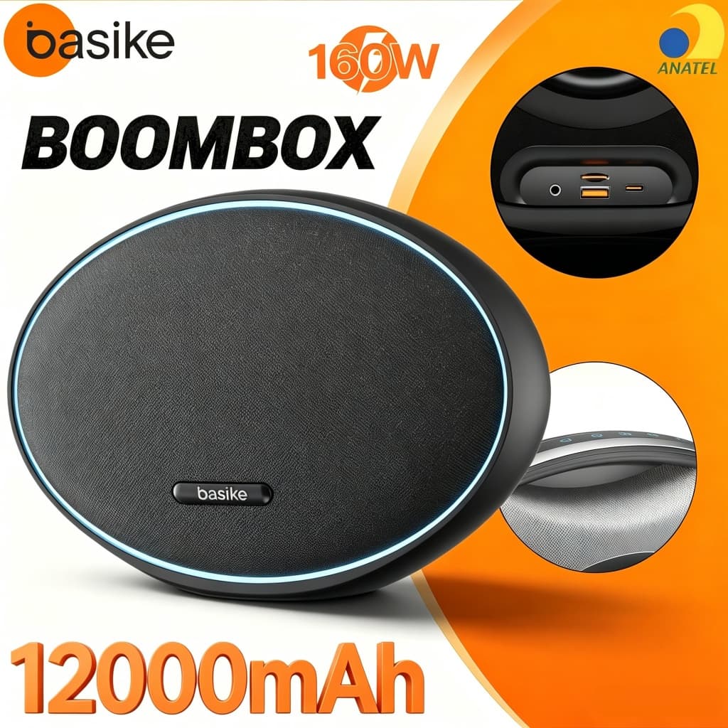 Basike Caixa de Som Portátil Bluetooth 160W Graves Fortes 12000mAh IPX6 À Prova D'água RGB TWS