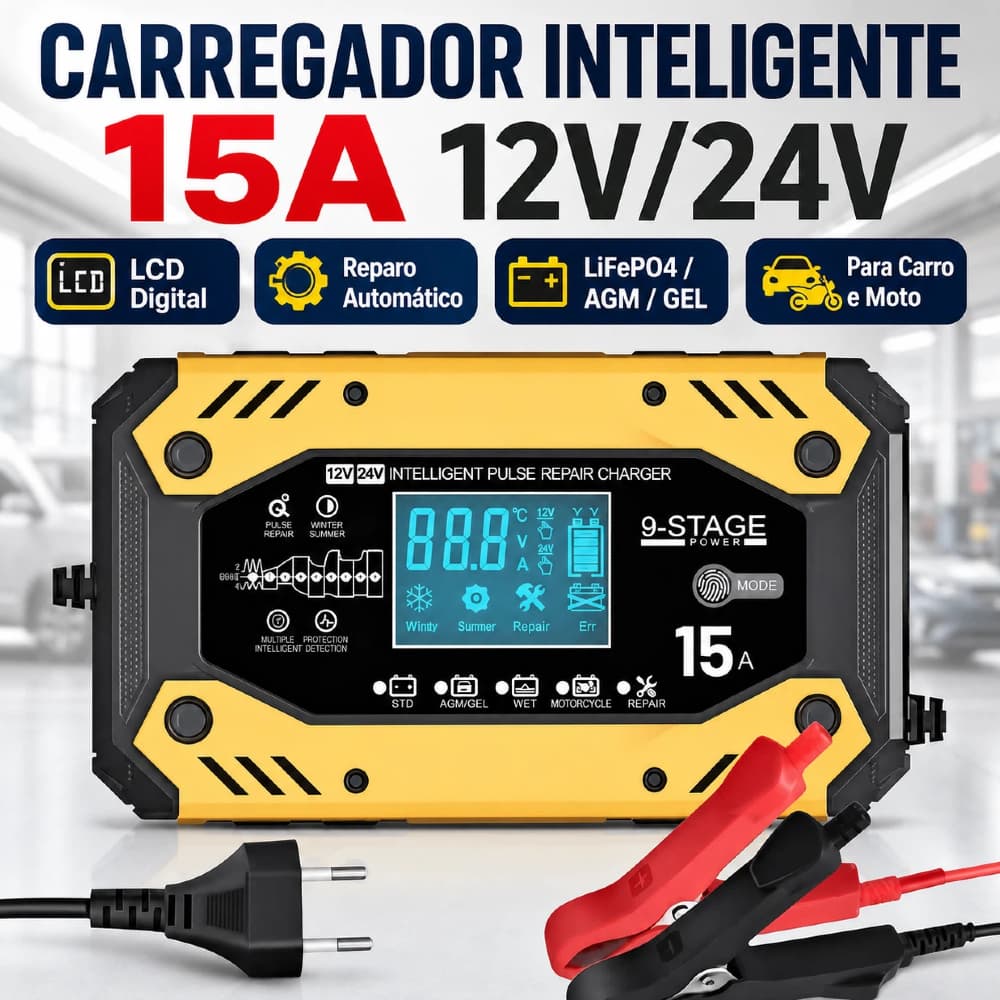 Carregador de Bateria Automotiva 15A 12V 24V Smart Reparo LCD para Baterias Lítio LiFePO4 AGM GEL Carro Moto