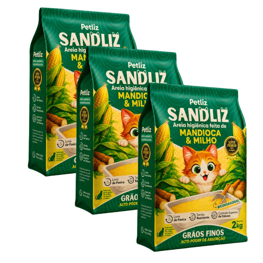 Areia Gato 3 Pacotes 2kg Total 6kg Premium Sem Cheiro Alto Rendimento Sem Poeira Grãos Finos Torrão Mandioca Milho