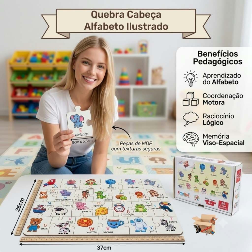 Brinquedo Pedagógico Quebra Cabeça Infantil Alfabeto Em Madeira 26 Peças - BH Mania De Brincar