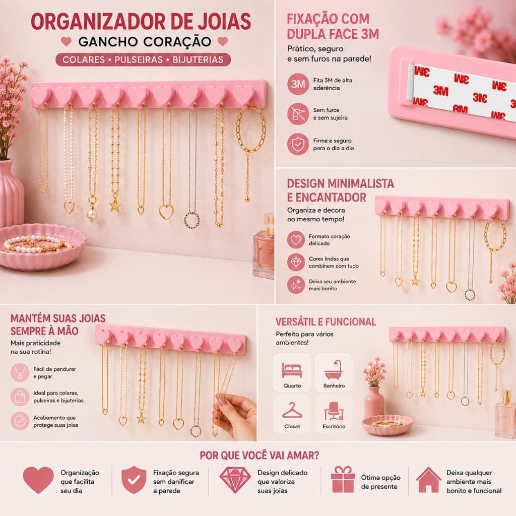Organizador de Joias Gancho Coração Porta Bijuterias Colares e Pulseiras Aneis com Fita Dupla Face Original 3M Rosa