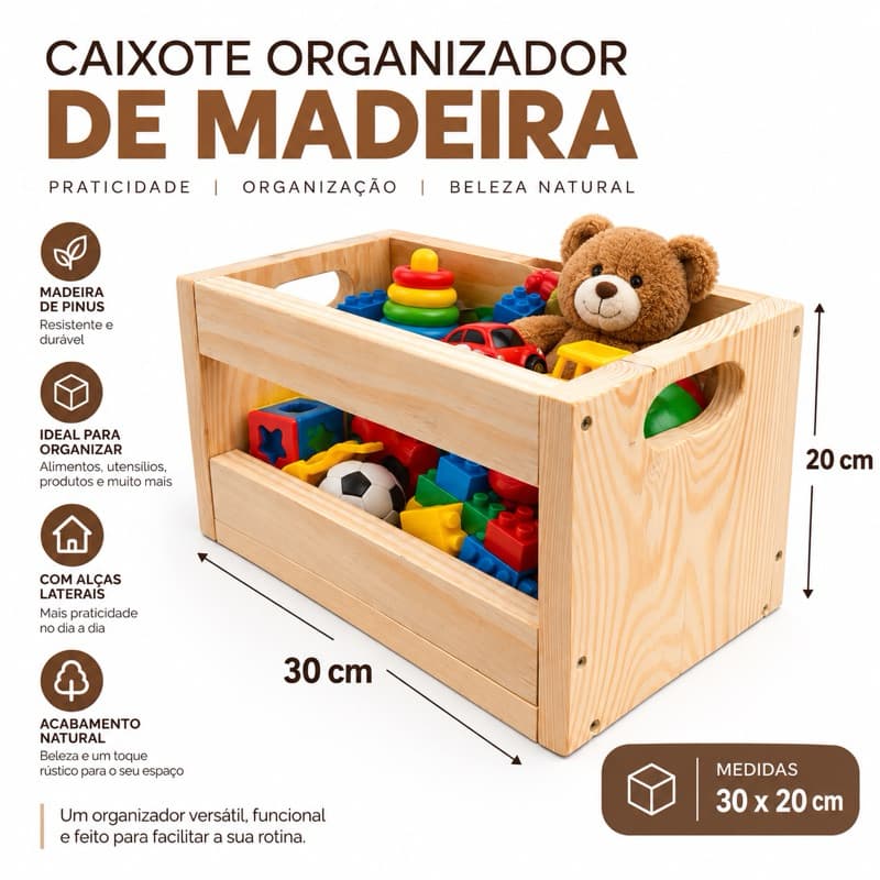 Caixote Organizador de Madeira com Alças – Caixa Multiuso Artesanal, caixa organizadora, ferramenta, brinquedos,alimento