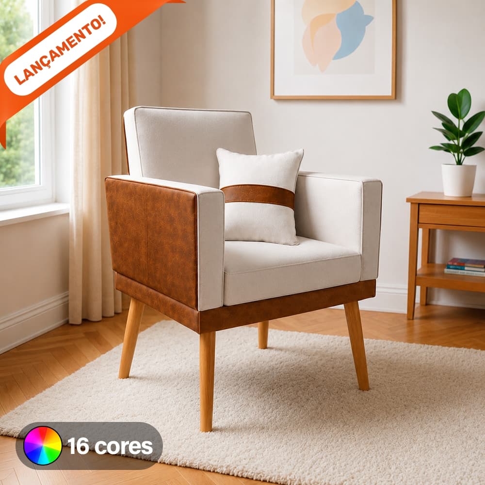 Poltrona para Sala Decorativa Lis com Almofada Corino Peroba e Suede Aninha Decor