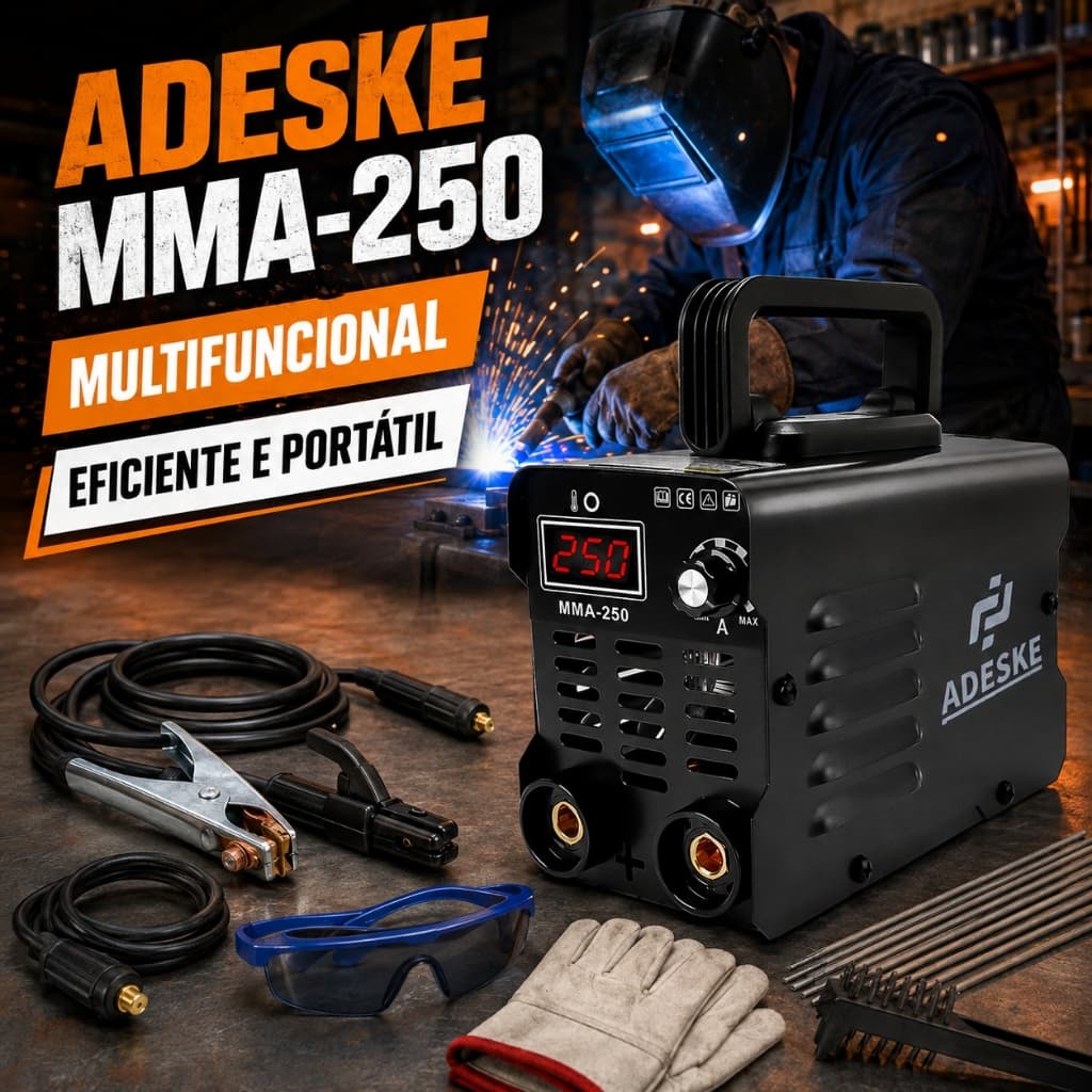 Máquina de Solda Inversora MMA-250 250A Bivolt Portátil com Kit Completo - Aço Carbono, Ferro Fundido, Baixa Liga