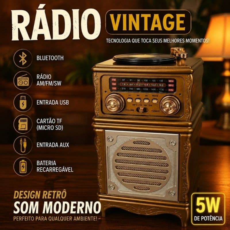 Rádio Vintage Retro Bluetooth Recarregável USB Cartão Am/fm Eletro-mex
