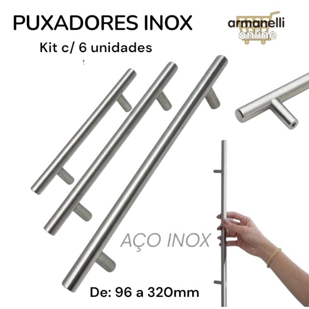 Kit 06 Puxadores Haste Redonda em Aço Inox Escovado/Preto para Gavetas e Móveis 96/128/160/192/224/320mm