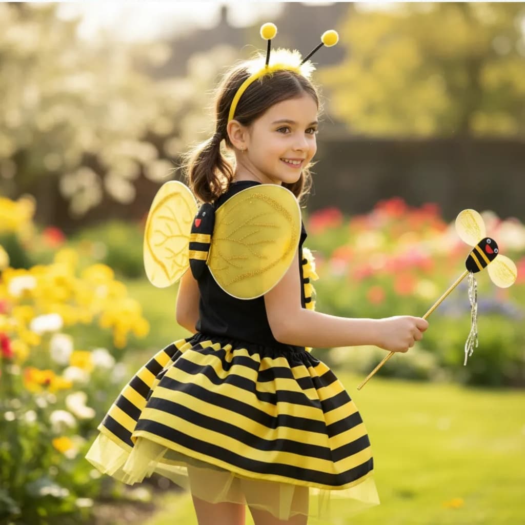 Kit Fantasia Abelhinha Infantil 4 -10 Anos Menina com Saia Asa Tiara e Varinha Festa Escola Carnaval