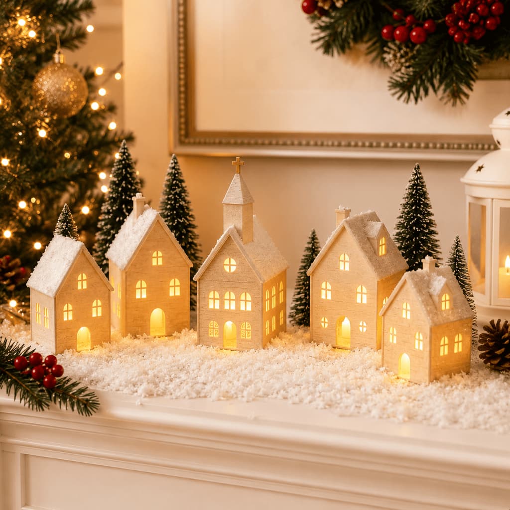 Decoração de Natal Vila Com Casinhas Abertas Para Vela Led Decoração para Sala Mesa de Centro Bancada Escritório