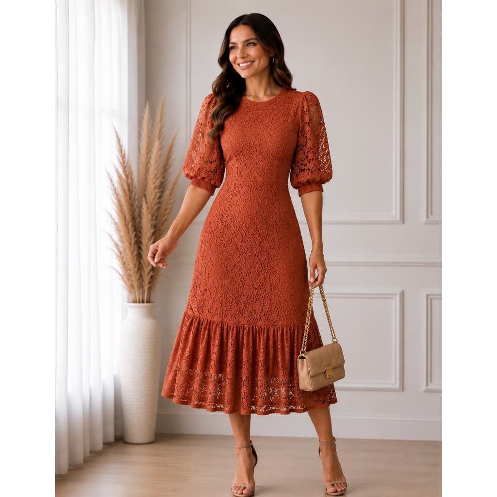 VESTIDO FEMININO SOCIAL MIDI MARIA LESSE MALHA MANGA BUFANTE MODA EVANGELICA CASUAL LUXO CONGRESSO
