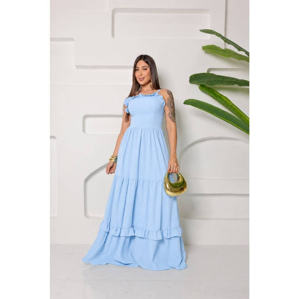 Vestido Longo Feminino de Alcinha com Babados e Saia Fluida Elegante