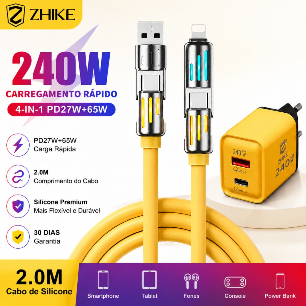 Cabo Carregador Carregamento Rápido Redondo 4 em 1 USB Tipo C iP Com Adaptador GaN de 240 W Silicone 2.0M Cabo