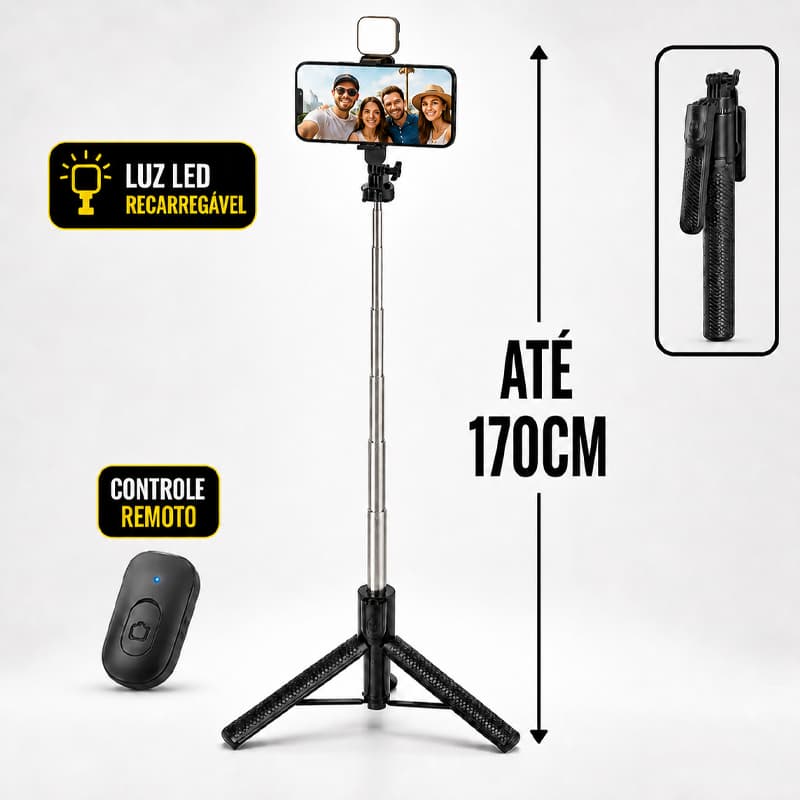 Tripé para Celular 1,70m com Luz LED Bastão de Selfie Controle Bluetooth Suporte 3 em 1