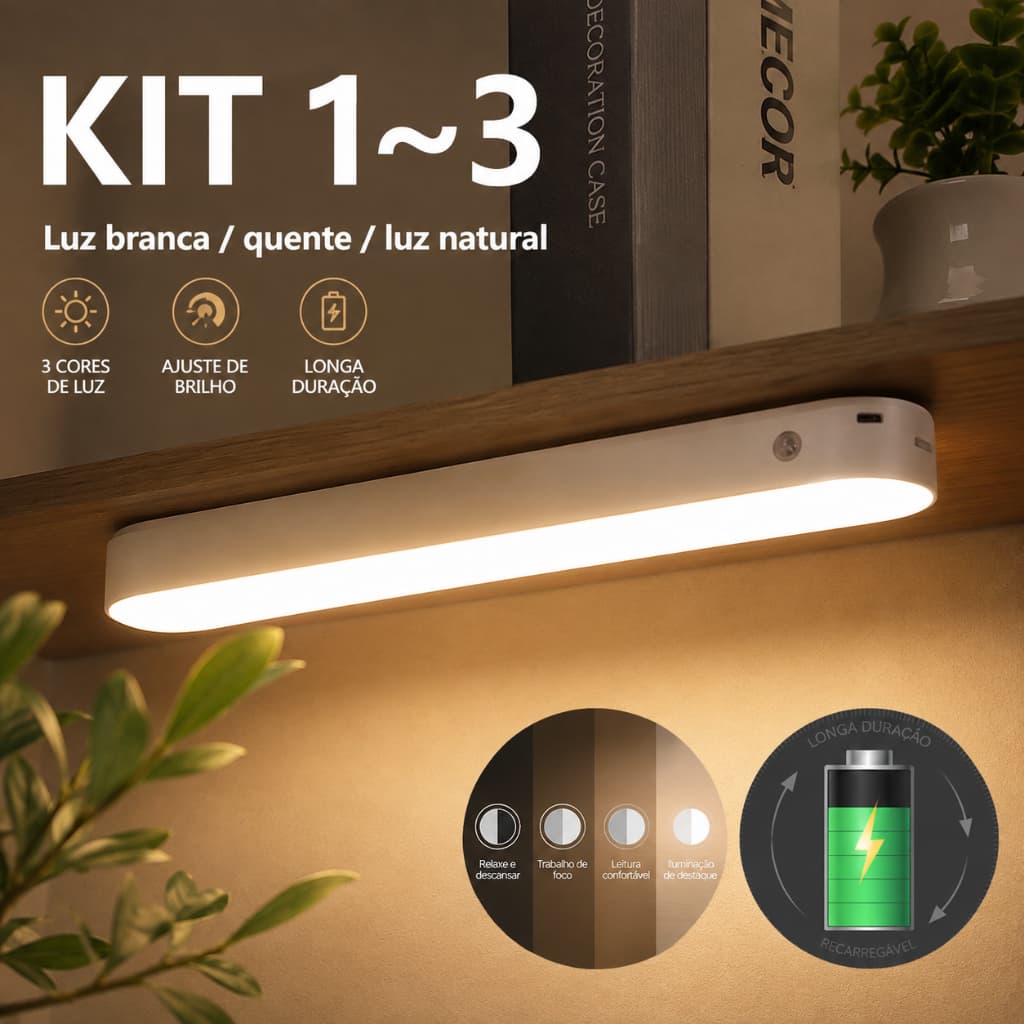 Luminária LED Magnética 26cm Recarregável 3 Cores Controle Remoto Ajuste de Brilho Timer