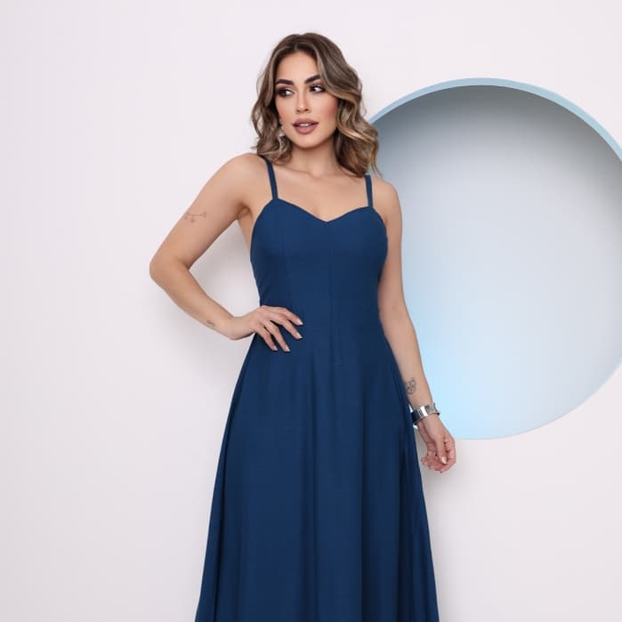 Vestido Longo Feminino Em Linho Alcinha Ajustável Atras Com Estica/COD:V67