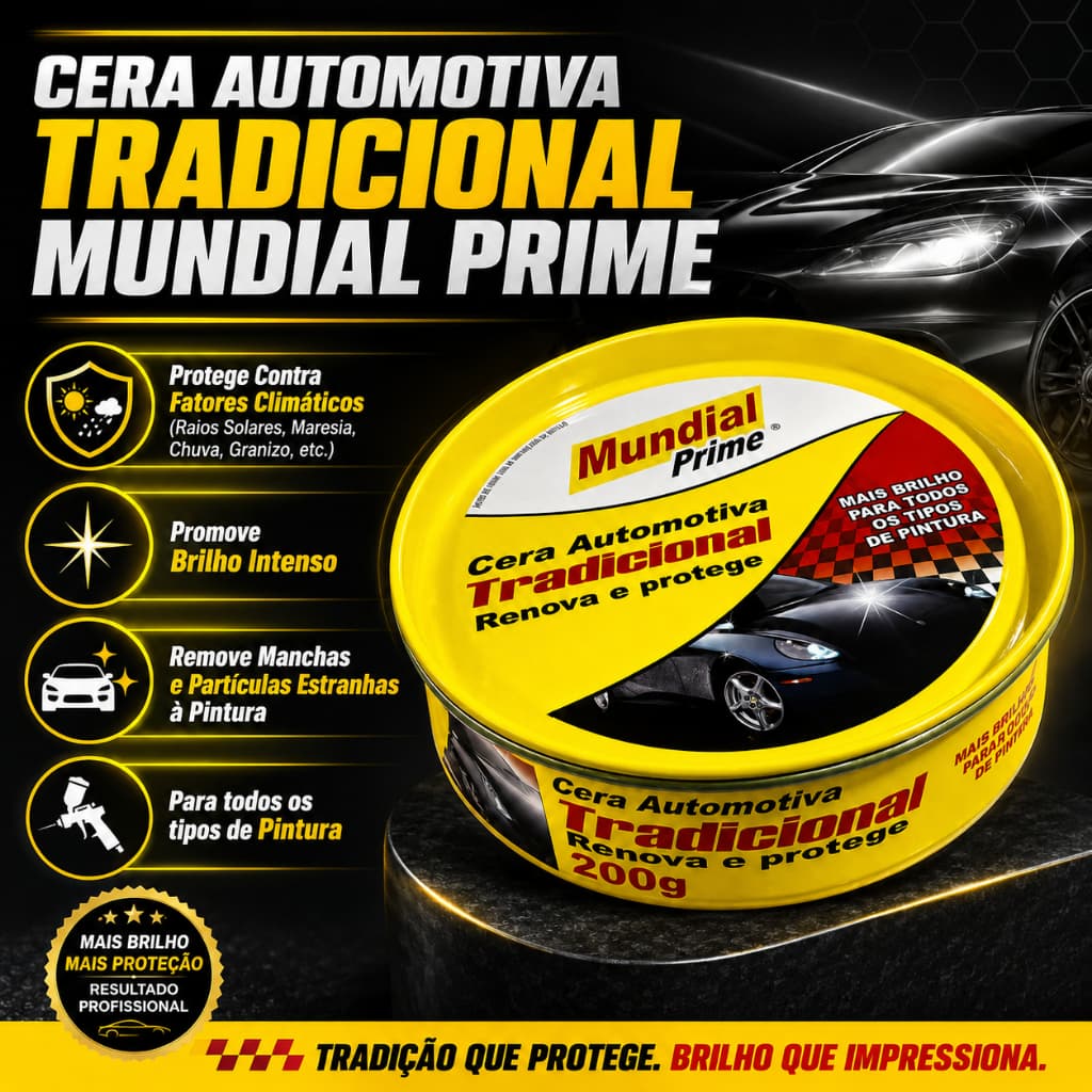 Cera Automotiva Tradicional 200g Mundial Prime Protege dá Brilho e Renova