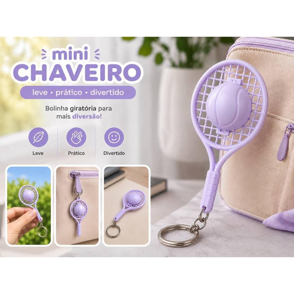 CHAVEIRO RAQUETE DE TÊNIS COM BOLINHA GIRATÓRIA l DIVERTIDA l IMPRESSÃO 3D