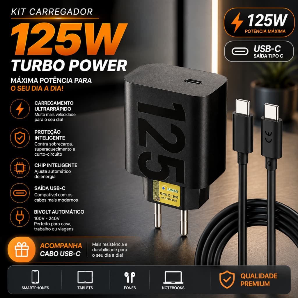 Kit Carregador Turbo 68W E 125W Fonte + Cabo USB-C Tipo C Carregamento Rápido Para Celular Android