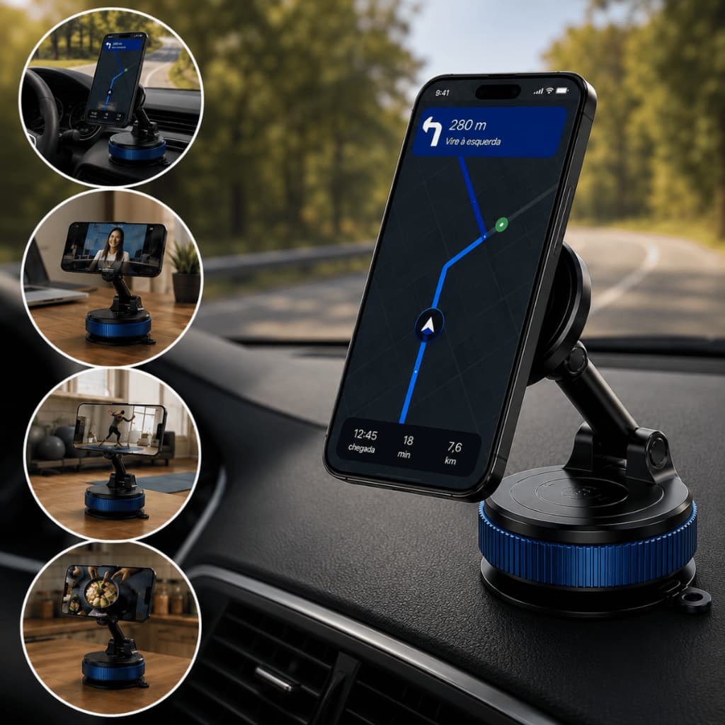 Suporte Celular Magnético Magsafe Premium 360° Ultra Forte Fixação Ventosa Carro Veicular Mesa Vidro Universal Dobrável