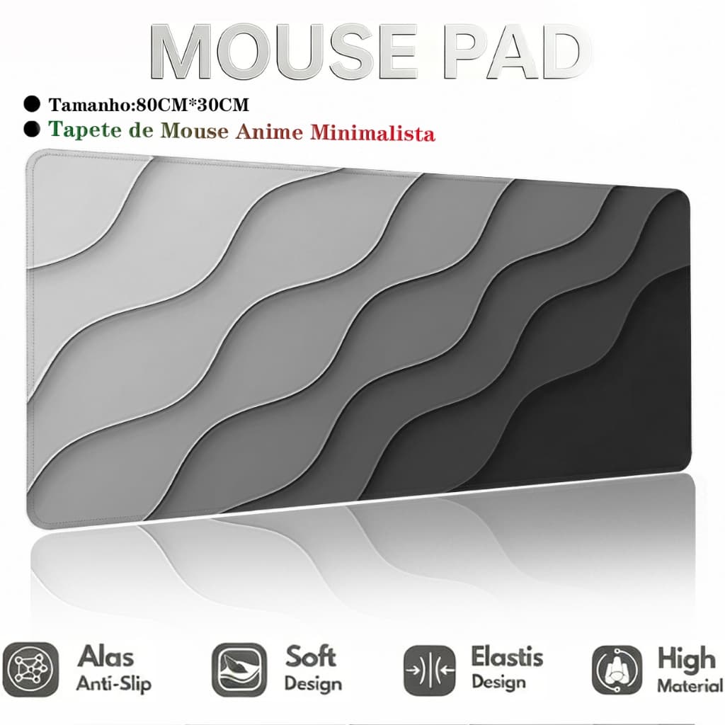 Mouse Pad Gamer Preto Branco Minimalista Ondas Premium 80x30cm Antiderrapante com Borda Costurada Reforçada