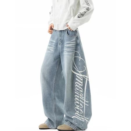 Calça Jeans Masculina Baggy Wide Leg Estampa Lateral Algodão Elastano Desgastada Preto Cinza Azul Claro
