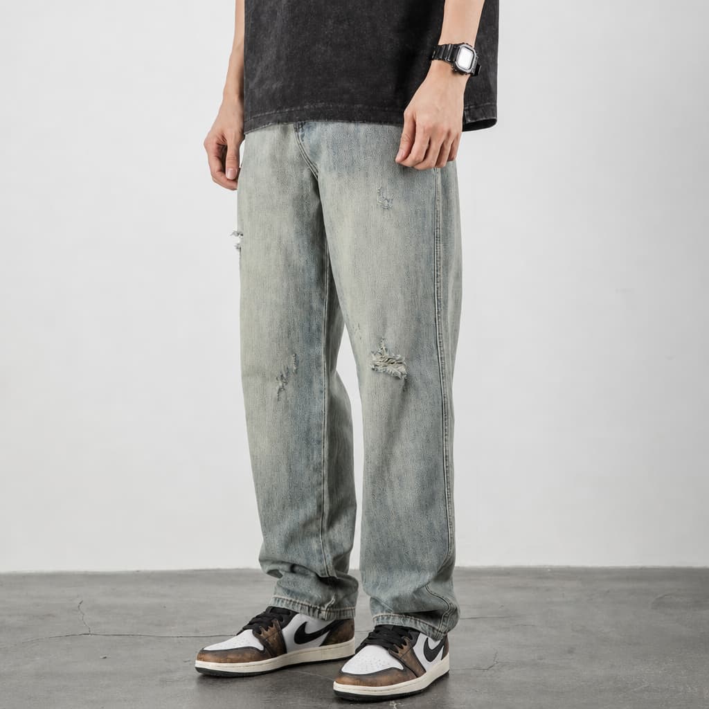 Calça Jeans Masculina Reta Solta Rasgada Algodão com Elastano, Estilo Vintage Streetwear, Calça Confortável para Uso Diá