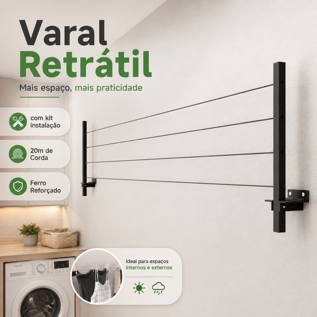 Varal Retrátil de Parede em Ferro Reforçado + Kit Instalação + 20m de Corda