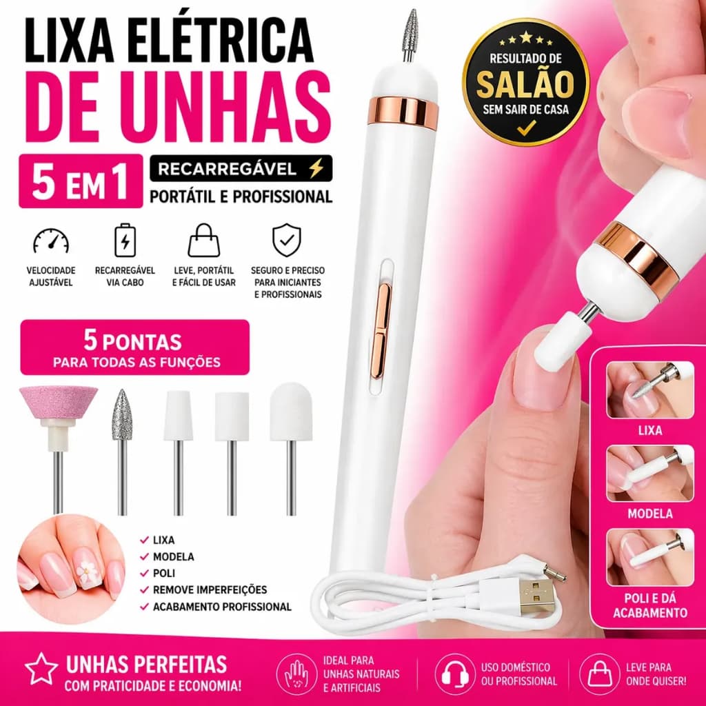 Lixadeira Elétrica de Unhas 5 em 1 Portátil Sem Fio Lixa De Unha Eletrico Kit Manicure com Removedor de Cutícula